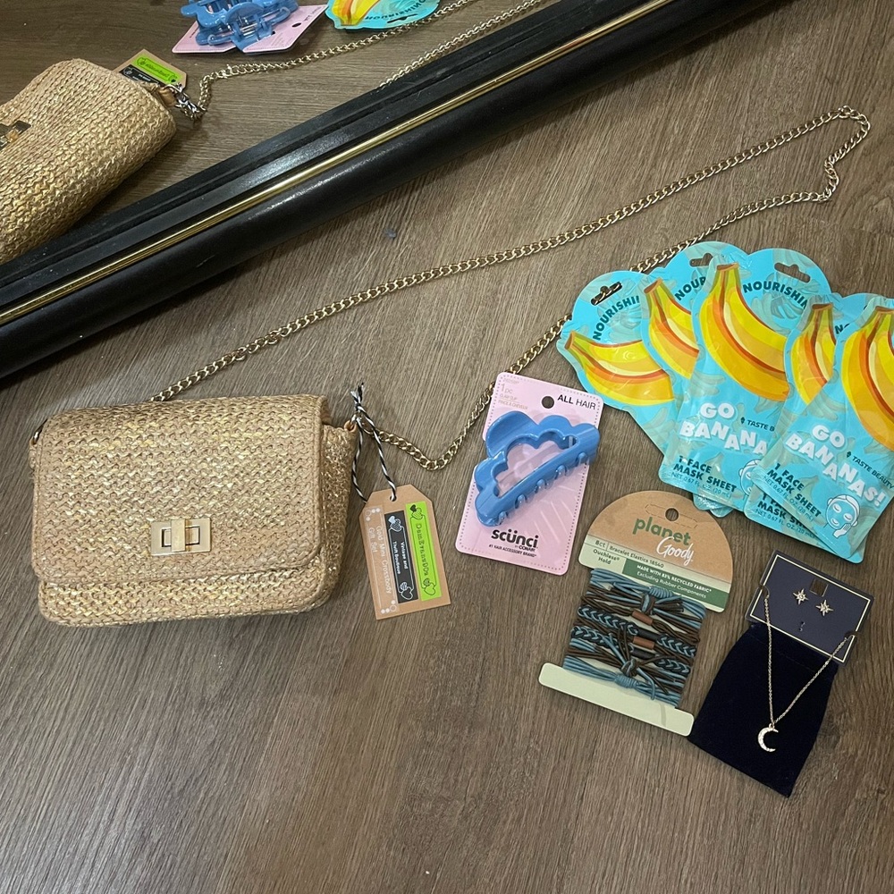 Shiny Gold Mini Crossbody With Jewelry, Facemasks, Hair Items
